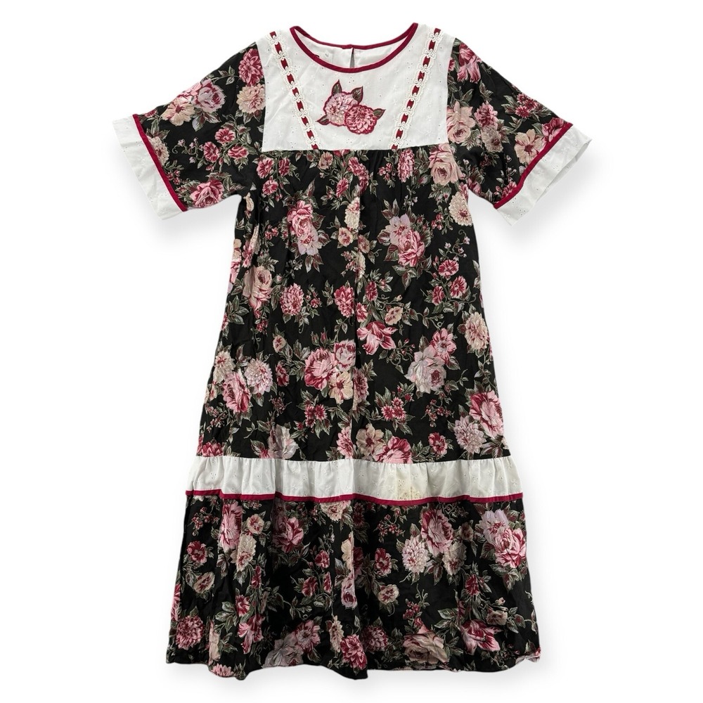 Vintage RM Muumuu Dress Womens Medium Hawaiian Black Floral Knee Eyelet Lace